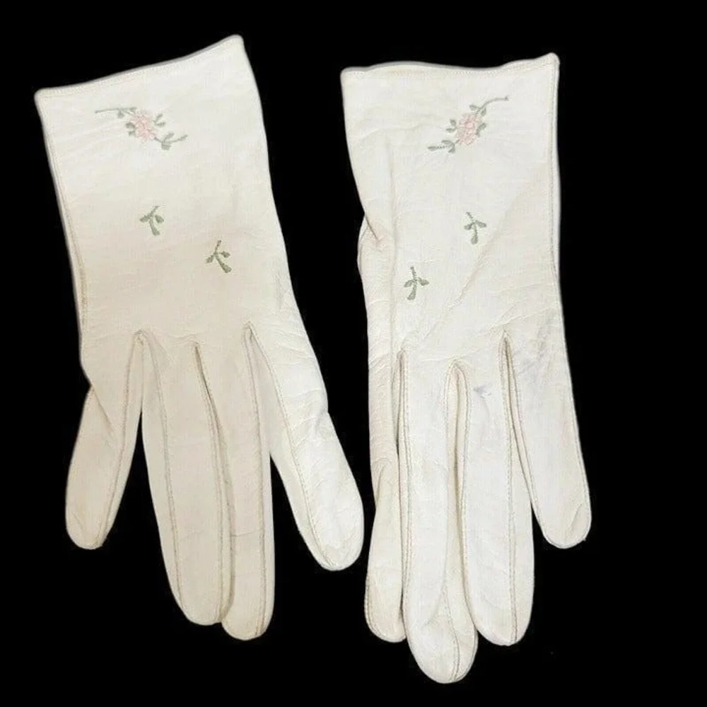 Vintage 50s Triminghams Bermuda Real Kid Leather Gloves Floral Embroidered Ivory